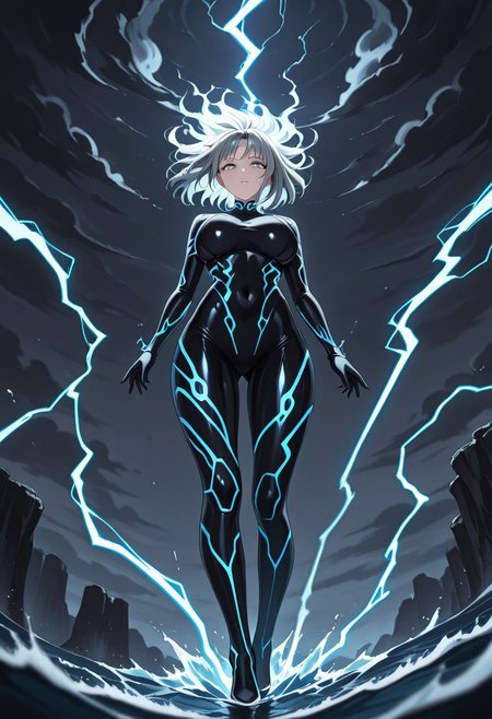masterpiece, best quality, good quality, very aesthetic, absurdres, newest, 8K, depth of field,  in the style of cknc, artist:moriimee, in the style of cksc, 
1girl, long grey hair, wild, stormy eyes, large breasts, round, thunderbolt crown, glossy skin, summoning lightning, looking at viewer, from below
BREAK
stormy cliff, dark clouds, waves crashing
BREAK
dynamic light, blue tones, high contrast, electric glow, rich details, dramatic atmosphere