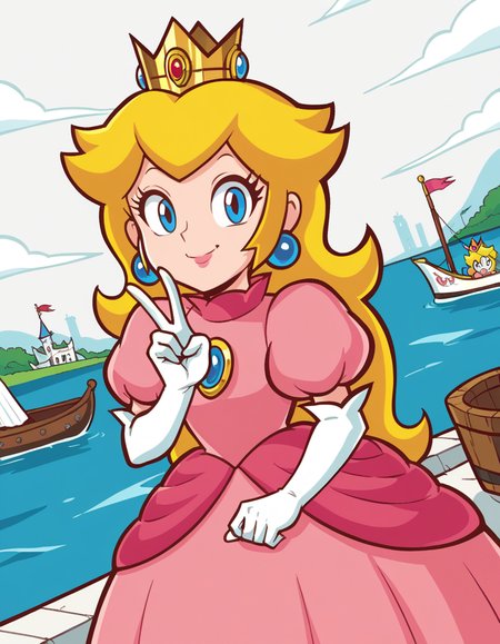 score_9, score_8_up, score_7_up, source_anime, <lora:super-princess-peach-ingame-ponyxl-lora-nochekaiser:1>, princess peach, blonde hair, blue eyes, long hair,, crown, dress, gem, gloves, pink dress, puffy short sleeves, puffy sleeves, short sleeves, white gloves,, canal, water, boats, city, narrow, , v, v over mouth, smug,, looking at viewer, solo,, dutch angle, cowboy shot
