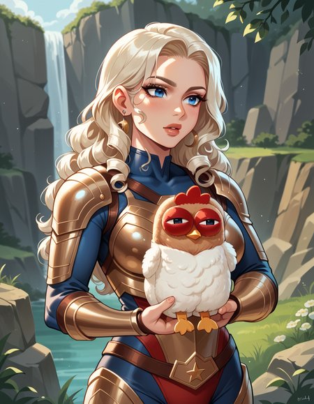 score_9, score_8_up, score_7_up, score_6_up, score_5_up, score_4_up, 1girl, solo, Burgundian Armor, Superwoman, Tall, Fit, Triangular Face, Fair Skin, Platinum Blonde Hair, blue Eyes, [[Curved Nose]], Thin Lips, Receding Chin, Long Hair, Curly Hair, Long Curly Hair, soft breasts, Stud earrings, brown matte lipstick, A remote lighthouse on a rocky shore,  hud_ch1cken_purs3, bird, holding animal, chicken, <lora:purse:0.7>, outdoors