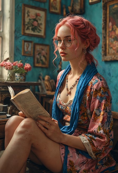 Kalamkari ~ Kerala Murals ~ Nene Stokes ~ Tomer Hanuka ~  John Singer Sargent ~  beautiful ultra detailed gorgeous, a Beautiful woman with braided pink hair, Pink eyes, and freckles. wearing a blue scarf, glasses, comfy looking outfit, bootyshorts and thigh highs. sitting and reading a book in her room, in a nook. This contrast between the fantastical character and the more bold color scheme and elements gives the piece an intriguing narrative quality. painted realism, photorealistic, 8k, fantasy digital art, HDR, UHD.   <lora:add-detail-xl:1>  <lora:MJ52:0.5>