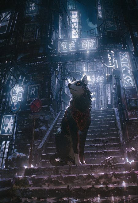 (zuharu, yun ling, kabuyama kaigi, kilart:1.1),
masterpiece, best quality, amazing quality,
(tokio:1.2), cityscape, street, night, road sign,  realistic, painting \(medium\), from below, low angle, no humans, dark sky, moonlight, neon lights, outdoors, scenery, starts, stone stairs, 
<lora:WSSKX_WAI:0.7>   <lora:NOOB_vp1_detailer_by_volnovik_v1:0.7>  <lora:ponyv6_noobV1_2_adamW:0.3> <lora:USNR STYLE_XL_loha:0.3> usnr,