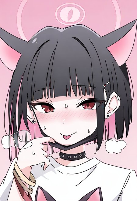 1girl, tongue out, solo, animal ears, tongue, mask pull, black hair, mask, pink hair, halo, multicolored hair, colored inner hair, blush, looking at viewer, shirt, jewelry, short hair, choker, white shirt, bangs, cat ears, sweat, red eyes, two-tone hair, mouth mask, hairclip, hair ornament, bracelet, pink background, extra ears, upper body, simple background, :p, black mask, earrings <lora:ixyXL_NBVP1_lokr_V6311PZ:0.95>
