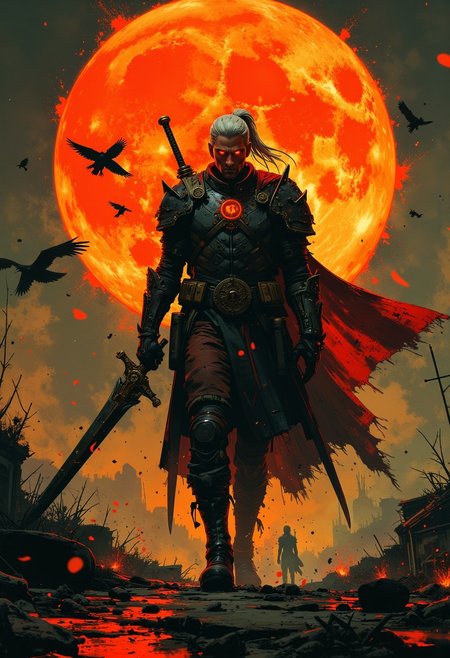 This image depicts a powerful, solitary warrior standing amidst a dramatic and atmospheric scene. The character has long white hair tied back in a ponytail, sharp features, and an intense, brooding expression. His eyes, glowing slightly red, add an aura of mystery and danger. He is clad in dark, intricately designed armor, which has a weathered, battle-worn appearance. Across his chest is a symbol, likely denoting his status or allegiance, giving him an air of authority and purpose.
In his hand, he holds a large, gleaming sword, reflecting both light and danger, while a second sword is sheathed at his side. The warrior’s posture is one of contemplation or preparation, as if he is readying himself for an imminent battle or has just emerged from one. Behind him, a large, vibrant orange sun or moon dominates the background, casting an eerie glow over the scene and contrasting with the warrior’s dark figure.
Surrounding the warrior, birds are in flight, possibly ravens or crows, adding to the scene’s foreboding and ominous tone. The ground is littered with falling petals or leaves, and the orange light reflects off the battlefield, suggesting that autumn or fire may play a symbolic role in the environment. The combination of colors, the warrior's lone figure, and the atmospheric elements create a strong sense of solitude, power, and impending action.
