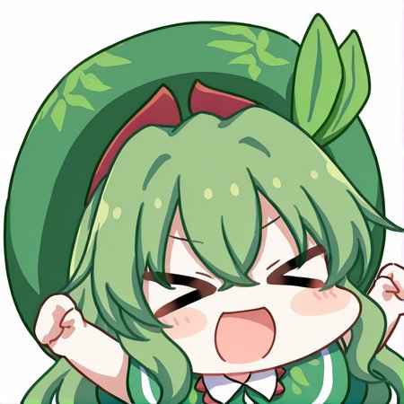 <lora:Seoi_Ha_ç¬ç¬è_Touhou_shizenyu_æ±æ¹èªç¶ç__Illustrious-XL_Lora:1>, touhou shizenyu, seoi ha,  green hat,leaf on head,green hair,green eyes,green capelet,green dress,collared dress,blue sash,
white background, ((smile)), happy, <lora:oldstore:1>,masterpiece,best quality,
,,chibi, ,1girl,solo, simple background, meme,upper_body,solo, open mouth, focus on face, (((arms_stretch up), ((> <)))), feng