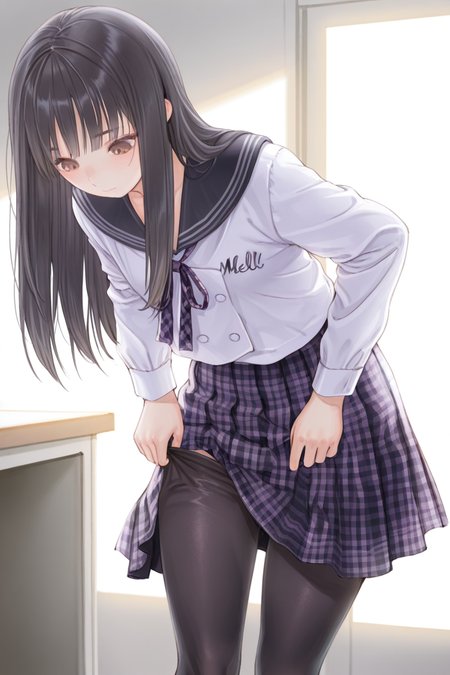 masterpiece, best quality, amazing quality,
 <lora:Mellco_IL:1> mellco, 1girl, solo, long hair, dark school uniform, skirt, pantyhose, serafuku, black hair, bangs, looking down, brown eyes, plaid skirt, plaid, dressing, black pantyhose, long sleeves, sailor collar,