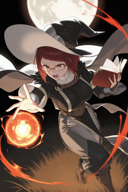 masterpiece, best quality, 1girl, solo, <lora:femiriel-illu-nvwls-v1-000006:1> m1ri, dark red hair, bob cut, dark red eyes, large breasts, witch hat, glasses, hair ornament, white collar, black cape, brown strap, black shirt, layered sleeves, black sleeves, bridal gauntlets, tabard, pelvic curtain, brown belt, baggy pants, two-tone pants, brown boots, v-shaped eyebrows, dark theme, black background, field, moon, casting magic, serious, yelling, outstretched hand, massive fireball, dynamic pose, from above, holding book