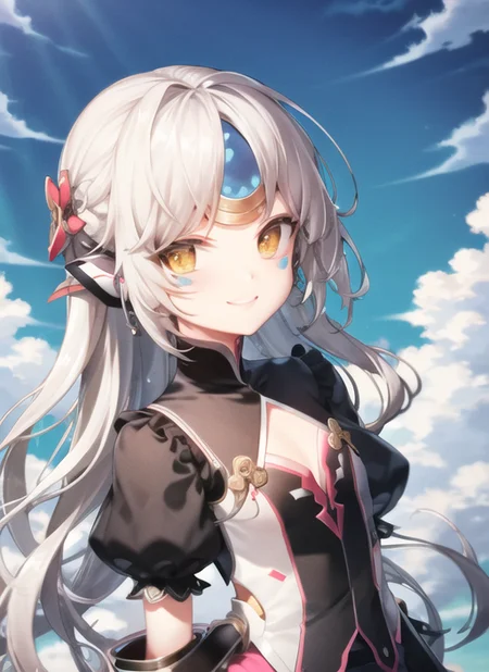 <lora:eve1-000009:1>, eve1, upper body, smile, outdoors, simple background, sky, day,