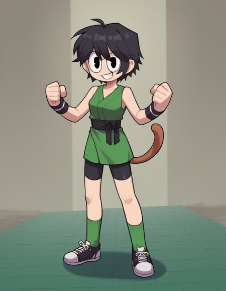 zPDXL, score_9, score_8_up, score_7_up, source_anime, 4k, absurdres, 1girl, solo,
<lora:CWew:1> cwew, green dogi, black sash, bike shorts, green socks, black sneakers, black wristbands, black cuffs, martial artist, looking at viewer, grin, flex,, <lora:Parsleah_v1:0.6>  parsleahbase, black hair, short hair, black eyes, (monkey tail), small breasts, brown tail,