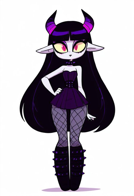 (masterpiece, best quality, good quality, very aesthetic, absurdres, newest:1.2),    1girl, solo, eyelashes, (beautiful eyes),   1girl, solo, long hair, black hair, purple and black hair, looking at viewer, horns, pointy ears, bangs, blunt bangs, slit pupils, yellow sclera, grey skin, makeup, eyeshadow, black lips, purple dress, black boots, knee boots, spikes, spiked collar, gothic, standing, full body, simple background, white background   ,      <lora:VampieNAI:0.8>, smile, hand on hip,  <lora:Diives_NAI:1.0>,