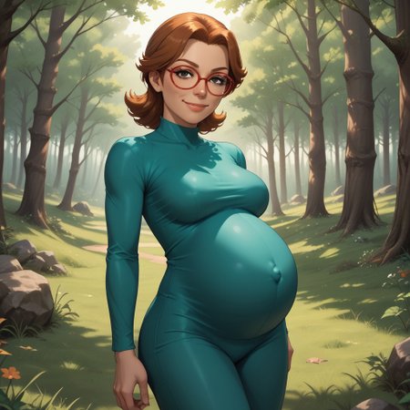score_9, score_8, BREAK, solo, wii, mii, wii sports, 1girl, female mii, black eyes, auburn hair, brown eyebrows,  red glasses, lips, dark green clothing, black pants, shoes, nintendo mii, modern_mii, classic_mii, breasts, yoshi_(wii_sports), adult female, mature female, breasts, (((pregnant))), sexy pose, self portrait, smile, outdoors, sunlight, shadows, evening lighting, natural lighting, forest, trees, grass, orange sky, sunset