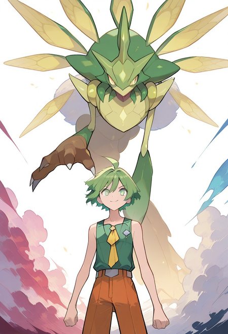 masterpiece, best quality, very aesthetic, absurdres, sharp details, pokemon, 2boy, 
score_9,score_8_up,score_7_up,score_6_up,score_5_up,score_4_up,BREAKmasterpiece, hyper detailed, best quality, insanely detailed, high quality, exquisite, detailed, beautiful, ultra detailed,
score_9, score_8_up, score_7_up, masterpiece, best quality, amazing quality, best aesthetic, ,absurdres,intricate details, aaron, green eyes, green hair, ahoge, black sleeveless shirt, orange pants, white with orange shoes, belt<lora:EMS-380018-EMS:1.000000>
Green shorts, green shirt, brown footwear, white socks, yellow neckerchief,short hair
black sleeveless shirt, orange pants, white with orange shoes, belt,short hair
macro shot, cowboy shot, 20-year-old, solid white background, 2 boys,
macro shot, cowboy shot, solid white background,smiling,
in the bedroom,
BL,Homosexual