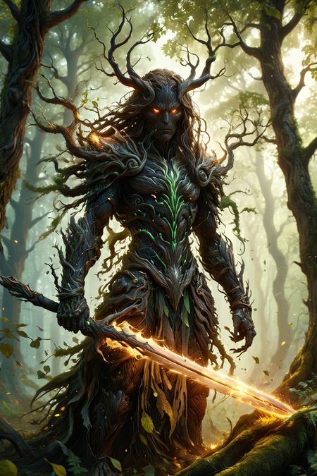 Silhouettes of dark ghostly tree man. Capture the essence of Nature's mystical beings She stands ready to fight intruders. 
long hair. Glowing eyes. Glowing spear. Forest color palette. Light armor made of roots and leaf. Realistic. 
DEVIL SPAWN. Cinematic lighting, Volumetric lighting, Epic composition, Photorealism, Bokeh blur,
<lora:HKStyle:0.8> HKStyle, 
<lora:ral-dstgrtptrn-sdxl:0.8>,   ral-dstgrtptrn,   
<lora:add-detail-xl:0.85>, 
<lora:EnvyBetterHiresFixXL01:1.0>, 
<lora:extremely_detailed:1.5>, extremely detailed,