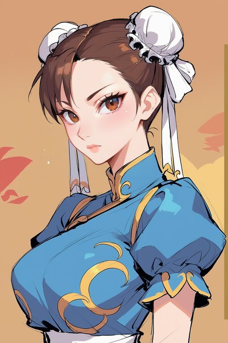 score_9, score_8_up, score_7_up, score_6_up, source_anime, <lora:HaDr_Style:1>,
1 female, looking at viewer, portrait, upper body, large breasts, dry skin, dry,
chun-li, brown hair, twin buns, white hair bun, blue dress, poofy sleeves, short sleeves, facing viewer, 
((sketch, flat shading, cell shading, 2d, manga, painting, oil painting, pastel))