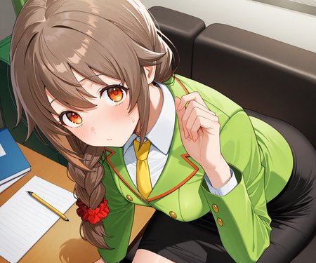 masterpiece, best quality, amazing quality, sfe, 1girl, solo, looking at viewer,  senkawa chihiro, orange eyes, brown hair, side braid, red scrunchie, green jacket, yellow necktie, black pencil skirt, <lora:Vanadium style ILL-v2:1.2> vanadiumcjf