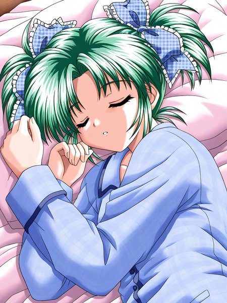 general,highres, ultra-detailed,very aesthetic,best quality ,best hands, BREAK <lora:Minase_Ruka_Akumu_AoiKajitsunoSange_IS:1>
Minase_Ruka, 1girl, solo, green hair, short twintails, blue eyes, hair ribbon, blue plaid ribbon, 
sleeping, closed eyes, lying, parted lips, bed,
blue pajamas,