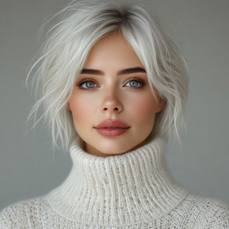 bellissima 1girl, solo, looking at viewer, brown eyes, upper body, white hair, parted lips, blurry, sweater, lips, blurry background, turtleneck, turtleneck sweater, realistic, white sweater