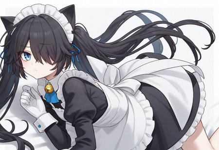 (Maid-kasli), solo, white gloves, dress, hair over one eye, maid apron, blue eyes, twintails, cat ears, maid headdress, maid, gloves, 1girl, apron, juliet sleeves, long sleeves, long hair, black hair, animal ears, bell,(Fall down),