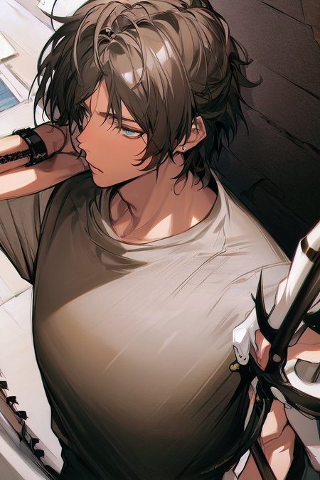 (solo:1.5),(masterpiece:1.5),(best quality:1.5),(bust:1.3),Amazing,beautiful detailed,extremely detailed wallpaper,extremely detailed CG unity 8k wallpaper,extremely delicate and beautiful eyes,{{1boy}},male_focus, thorns,weapon,jewerly,black t-shirt,street,dynamic pose,