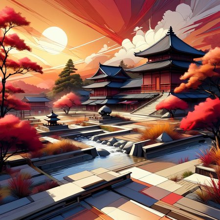 InkBlast, a landscape, a beautiful zen garden, reds golds and whites, sunset
