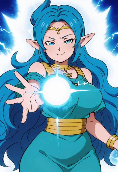 masterpiece, best quality, solo, curvy, beautiful eyes, narrow waist, wide hips, 1girl, solo, smile, looking at viewer, foreshortening, close up, anime screenshot,    zzNayru, blue eyes, blue hair, bare shoulders, jewelry, very long hair, blue dress, elf, circlet, large breasts, ,<lora:NayruZelda_IXL_v2:1.0>,,vivid aura, looking at viewer, blue background, smug, aura, super saiyan, charging energy, energy ball, energy, lightning, <lora:DBSBroly_Style_IXL_v2:0.6>,
