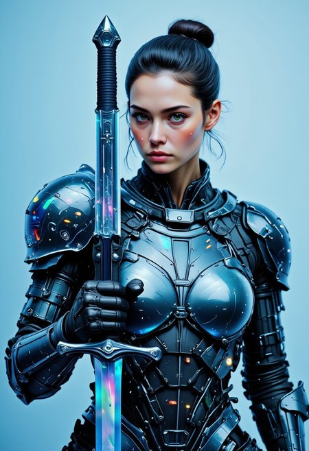 ajspctrbot. This is a highly detailed, photorealistic image featuring a young Knightess woman with a fierce, battle-hardened presence and a futuristic warrior aesthetic. She stands against a gradient light blue background, transitioning from a deeper shade at the bottom to a brighter hue at the top. The woman has a toned, athletic build and fair skin. Her dark hair is tied in a tight, high bun with a few loose strands framing her sharp, focused face. Her features are defined and intense—piercing, almond-shaped eyes suggest subtle cybernetic enhancement, glowing faintly with a cool, electric hue.
She is clad in a high-tech battle armor that fuses advanced materials with a brutal elegance. The suit is composed of iridescent, semi-transparent plating resembling tempered glass reinforced with metallic frameworks, offering both agility and protection. The armor bears signs of wear—faint scratches and energy burns—hinting at countless battles. Intricate geometric patterns run across her breastplate and shoulder guards, and a high armored collar shields her neck. Light refracts across her armor in shifting, prismatic waves, giving her the appearance of a spectral warrior forged from both light and steel.