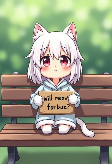 A sad cute kawaii catgirl with white hair sitting on a park bench holding a sign, that reads "Will meow for buzz"