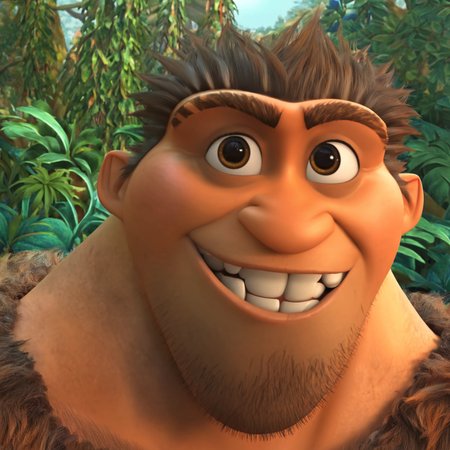 Grug, 1boy, short hair, facial hair, bara, musuclar, thick eyebrows, chest hair, brown hair, stubble, pectorals, brown eyes, arm hair, leg hair, sleeveless, tattered tunic, furry top, brown fur, caveman, broad shoulders, forest, smile, solo, muscular, wide shoulders, 4k, hi res, ((detailed face, (detailed eyes:1.0), detailed)), large build, crooked teeth, close up, portrait, detailed face, detailed eyes, face shot, jawline, manly, 