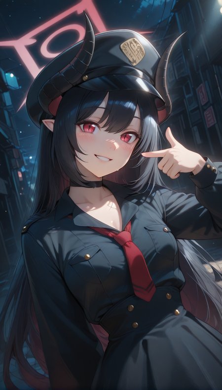 <lora:LCMTurboMix_Euler_A_fix:1> <lora:example_SDXL:0.3>, EZRealPONYXL, <lora:Dramatic Lighting Slider:3> <lora:realistic filter [IL]:1>
DSLR,realistic,cosplay photo, (very awa,masterpiece,best quality,year 2024,newest,absurdres,highres:1), realistic,skin texture,facial features, photography shot with Canon EOS 5D Mark IV , realistic, RAW, best quality, masterpiece, amazing quality, skin details,
1girl, highly detailed beautiful face, large natural breasts,
detailed background, shiny skin, dutch angle, night, moonlight,
beautiful detailed eyes, intricate details, absurdres, anime screencap,
<lora:Motomiya_Chiaki_BA_ILXL_kill0825:1>
BAMChiaki, 1girl, solo, long hair, looking at viewer, blush, smile, simple background, shirt, skirt, black hair, long sleeves, white background, red eyes, hat, hair between eyes, very long hair, upper body, small breasts, horns, necktie, collared shirt, choker, pointy ears, black skirt, grin, halo, black shirt, black headwear, black choker, demon horns, red necktie, slit pupils, peaked cap, high-waist skirt, shirt tucked in, black horns, red halo, finger frame