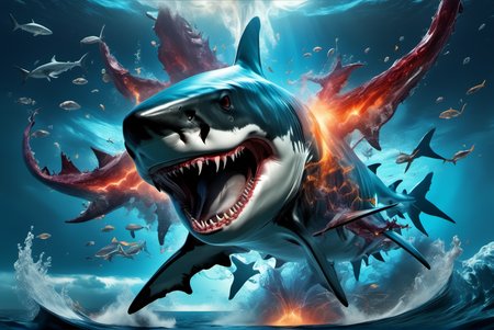 portrait of a gigantic shark monster,awardwinning, 8k,  atmospheric,dramatic,godlike,superpowers,power surge,epic,representation of absolute power,dense particles in the atmosphere,in the style of aleksi briclot,sandra chevrier and mythsxl,<lora:mythsxl:1>