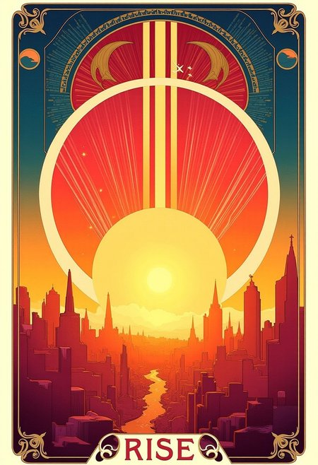 Geometric cityscape at sunset, poster with the text “RISE”, visual flourishes of light beams and abstract shapes, illustration in the style of ARTNV