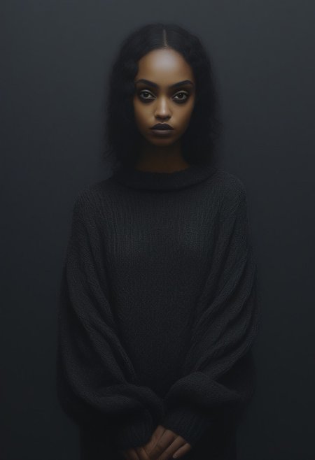 1girl, cute pose, dark skinned, goth, oversized sweater, realistic, detailed, DOOMHAZER