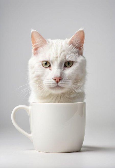 A white cat holding a mug, pattern mug, detailed mug, simple background, 8k, hd