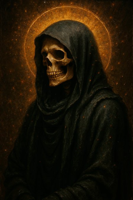 Grim Reaper, portrait, mystic halo, black robe with hood, sparks, backlighting, gold, warm, oil painting, best quality, high resolution, extreme detail, outstanding composition, masterpiece