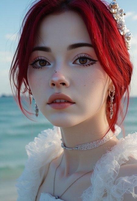 This is a highly detailed, digital illustration of a young woman KTNK with a striking, ethereal appearance. The artwork is rendered in a hyper-realistic, photorealistic digital medium, showcasing intricate details and vibrant colors. The subject has a fair, porcelain-like skin with a radiant glow, particularly evident on her face. Her eyes are almond-shaped, large, and expressive, with a captivating gaze that draws the viewer in.