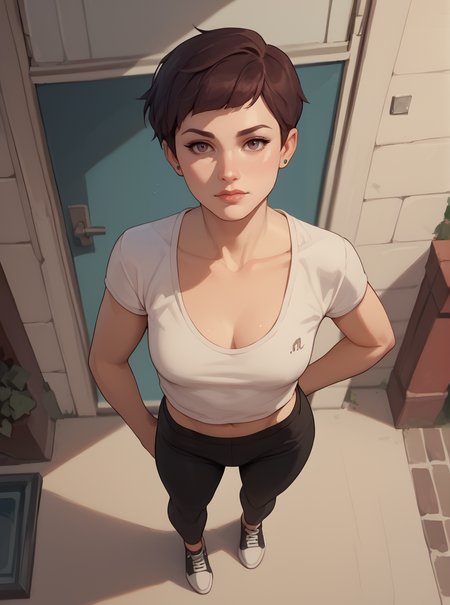 score_9, score_8_up, score_7_up,  1girl, cartoon, western animation, looking at viewer, flat colors, outline, standing, full body, from above,  <lora:ellenkpxl:1>, ellenkpxl, short hair,