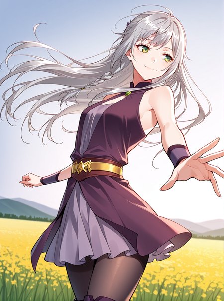 <lora:Ye_Liuli__I_am_the_Fated_Villain__Illustrious:1>
1 girl, solo, gray hair, loose hair, long hair, small braid, green eyes, small breasts
purple dress, short skirt, black tights, purple boots, sleeveless dress, bare shoulders, gold belt
score_9, score_8_up, score_7_up, very aesthetic, source_anime, detailed, high quality, beautiful, masterpiece, detailed eyes, field, blurry background, pose dynamic angle, upper body, cowboy shot, light smile, looking back, reaching out, floating hair