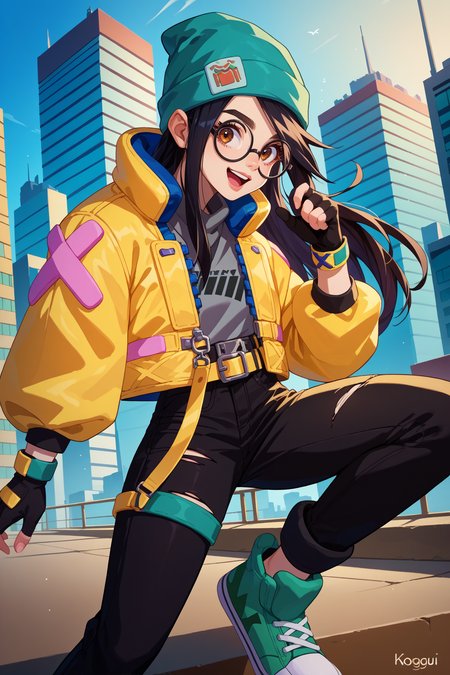 score_9, score_8_up, score_7_up, score_6_up, source_anime, 1girl, solo,  <lora:valorantkilljoy-pdxl-nvwls-v1-000005:1> valoKJ, black hair, brown eyes, green beanie, round glasses, yellow jacket, grey shirt, partially fingerless gloves, yellow belt, black pants, torn pants, green sneakers, standing on one leg, excited, looking at you, cityscape
