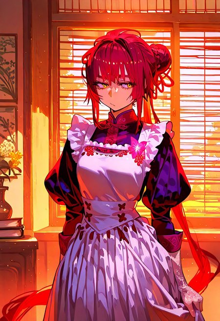 1girl, solo, french maid, fox-snake hybrid, orange eyes, petite and curvy body type, small breasts, soft red fur with green scale accents, dreamy expression, absurdly long hair, braided bun, red hair with golden streaks, silky maid dress with floral embroidery, lace gloves,
shiny skin, smooth skin,
BREAK, 
artist: eiichiro_oda,
artist: incase,
SagawaStyle,
<lora:TRT(noobai)0.1v:1>,
<lora:AtteNanakusa_IllXL:1>
BREAK, 
seated by a garden window, 
BREAK 
flowery meadow outside, flipping through an ornate book, golden sunlight casting patterns, glowing butterflies in the background., masterpiece, best quality, amazing quality, very aesthetic, absurdres, <lora:cfg_scale_boost:0.7>, <lora:add-detail-xl:1.4>, <lora:xl_more_art-full_v1:1>