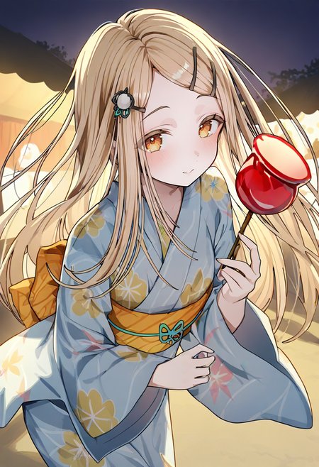 <lora:ningenMameXL_il_lokr_V53P1:0.95> 1girl, food, japanese clothes, solo, kimono, candy apple, long hair, hair ornament, holding, smile, looking at viewer, night, yukata, blonde hair, holding food, floral print, hairclip, closed mouth, bangs, wide sleeves, long sleeves, yellow eyes, sash, orange eyes, blush, leaning forward, parted bangs, outdoors