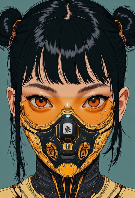 A (closeup portrait:1.4) of a 26 year old Japanese woman. She has black hair tied up in 2 side buns. She has sunglasses on with dark gold lenses. She is wearing an gold and black cyberpunk oni mask over the lower half of her face.