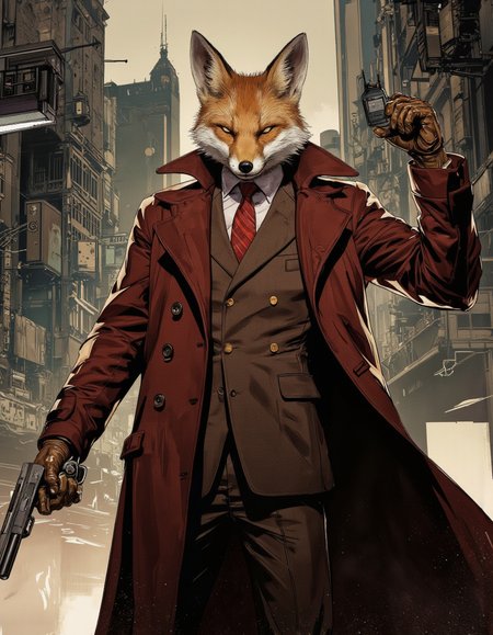 ZooPolis art. A digital illustration shoot from a frontal camera angle about a fox character dressed in a red coat holding a gun, set in a futuristic cityscape with tall buildings and a post-apocalyptic atmosphere. the image also shows dramatic lighting effects and a dark, gritty cityscape in the background. on the middle of the image, a fox, who appears to be in his mid-twenties, with a serious expression, is standing confidently, holding a handgun in one hand and a walkie-talkie in the other. the fox is facing the viewer, looking directly at them with its eyes closed, and its fur is a reddish-brown color with a white patch on its forehead. it is wearing a brown coat, a white shirt, a red tie, and brown gloves, and has a slim body. the overall style is reminiscent of comic book art, with detailed shading and vibrant colors, and the overall atmosphere is dark and gritty.