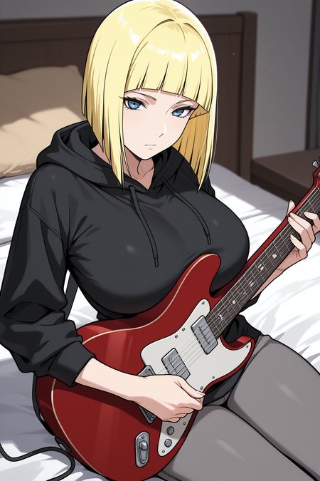 masterpiece, best quality, 1girl, solo, <lora:samui-illu-nvwls-v1-000006:1> s4mui, blonde hair, medium hair, bob cut, blunt bangs, blue eyes, large breasts, black hoodie, grey pants, holding guitar, sitting on bed, bedroom