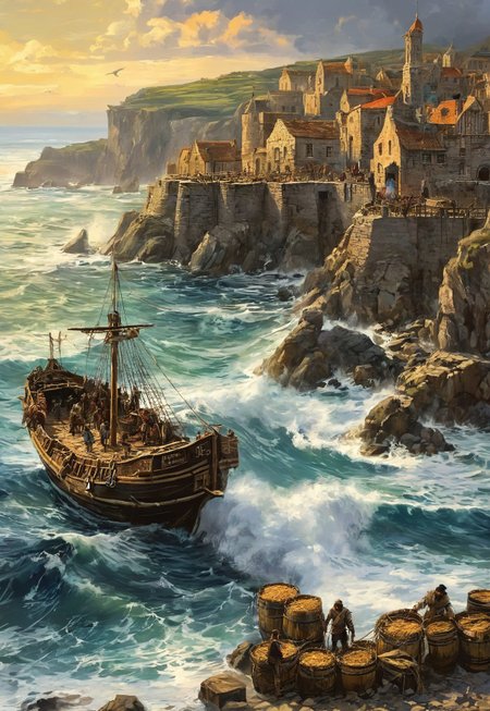 style of [ Eytan Zana | Alfons Walde | Halil Ural ], score_9, score_8_up, score_8_up, ng_deepnegative_v1_75t,colorful, magical, dreamlike, painterly,  iillustration, shattered bedrock, a frantic seaside town (mercantile, medieval, longboats, barrels, crates, netting, crowds, horses, sheep, pigs, piers, frigates, vessels), churning waves, majestic seaside cliffs, a shoreline, storm-laden skies, very detailed: 1.5
, masterpiece, PYS-XL,
