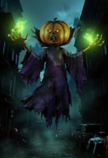 Horror theme, dark, Pumpkin head, ripped purple robes,  floating above a city street, casting a spell, hands above head glowing with violent green energy.