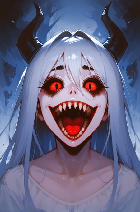 horror-themed one girl, sweetheart, crazy look, crazy smile, sharp teeth, horns, black sclera, red eyes, looking at the viewer <lora:Desolation:0.5>  <lora:Dark_Aura_XL_-_Filled_with_miasma:0.7> <lora:OverallDetail:0.8>, score_9, score_8_up, score_7_up . eerie, unsettling, dark, spooky, suspenseful, grim, highly detailed