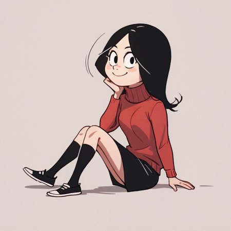 score_9, score_8_up, score_7_up BREAK Calcetinera, 1girl, black hair, black eyes, red turtleneck sweater, black skirt, black socks, flat white shoes, cute smile, cartoon, source_cartoon, solo, solo focus, face view, face closeup,