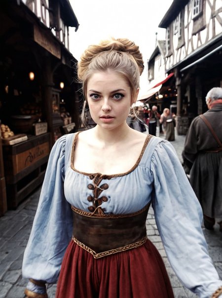 analog photograph of 1girl looking like Kristen_Sims_P_MXAI_SDXL wearing a medieval peasant dress, walking through a medieval city market  filmgrain