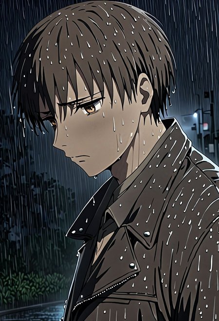 high resolution, solo, best quality, 1Boy, Takaki Toono, Brownish Hair, Brown Eyes, heavy rain, night, looking down, sad, leather jacket, looking away, wet, wet hair, OverallDetail