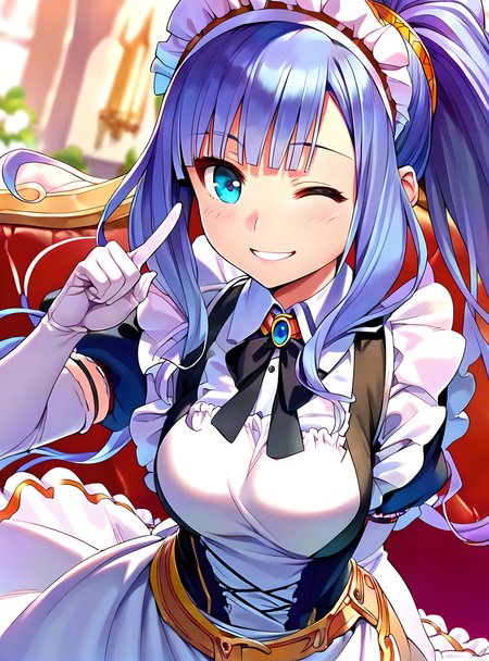 <lora:pony_xl_Priscilla:0.8>,Priscilla,score_9,score_8_up,score_7_up,source_anime,1girl,fun,one-eyed wink,smile,;d,parted_lips,indoor,castle,maid headdress,maid,gloves,apron,white gloves,elbow gloves,touch your mouth with your index finger,