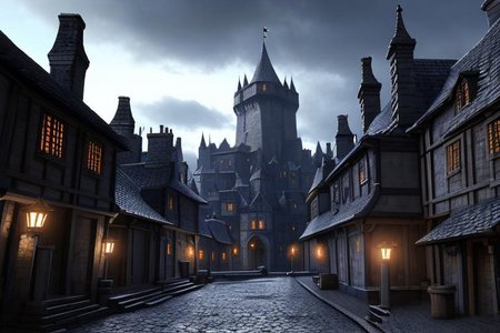 (masterpiece:1.2), (best quality,:1.2), 8k, HDR, ultra detailed, ((photorealistic)), professional light, cinematic lighting, fashion photography, ambient lighting, background, a dark medieval street leading to (a gothic castle on a hill),  Darkness, <lora:Darkness-10:1>,  epiCPhoto,